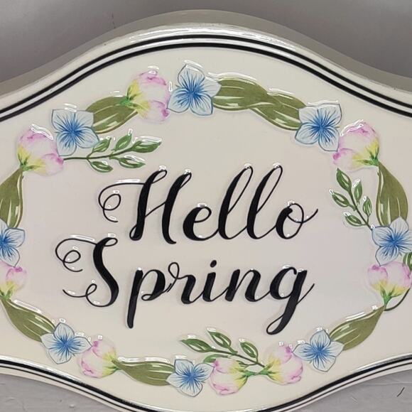 Hello Spring Enamel Metal Wall Sign Easter Decor Pink and Blue Flowers - Picture 2 of 12